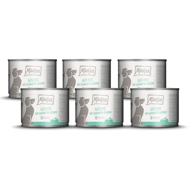 mjamjam-premium-hundenassfutter-gute-pute-mit-reis-zucchini-6-x-200g image 1