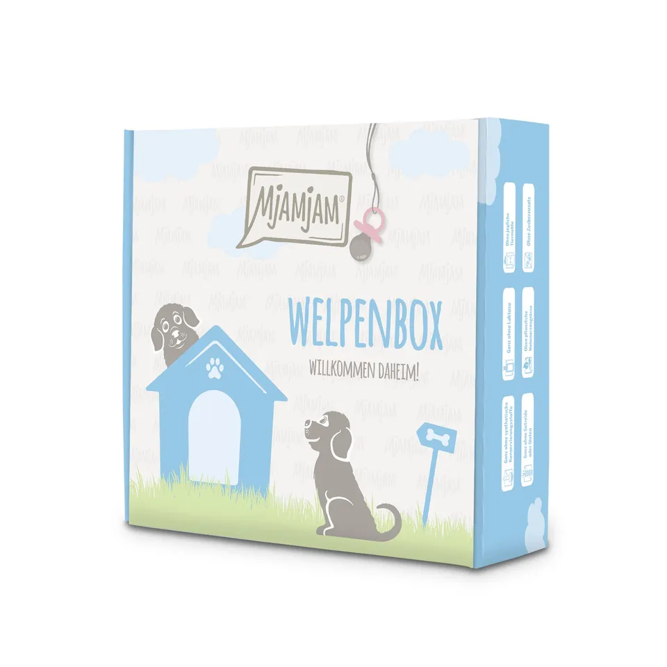 mjamjam-premium-welpenbox-junior-huhn-mit-ei-nassfutter-f-r-hunde-6-x-200g image 1