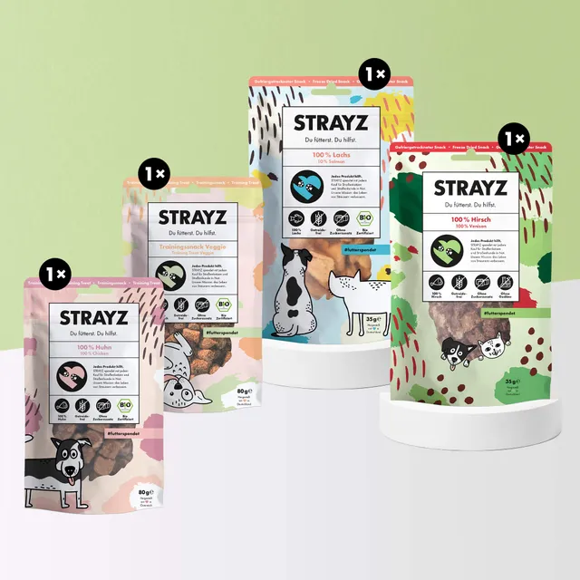 strayz-hundesnack-probierpaket-bio-leckerlis-hirsch-lachs-huhn-veggie image 1