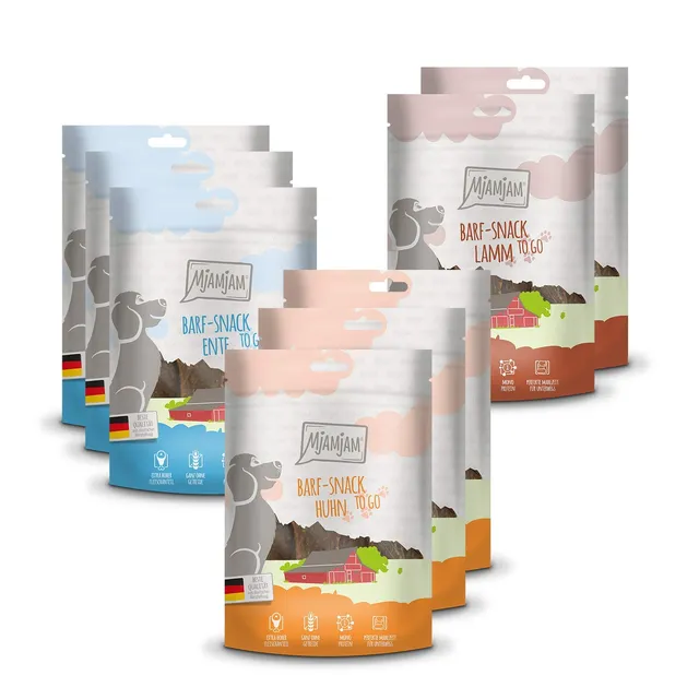 mjamjam-barf-snack-to-go-multipack-hund-8-x-125-g-huhn-ente-lamm image 1