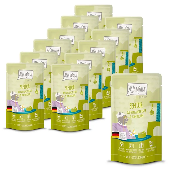 mjamjam-quetschie-senior-katzen-nassfutter-ente-kaninchen-12x125g image 1