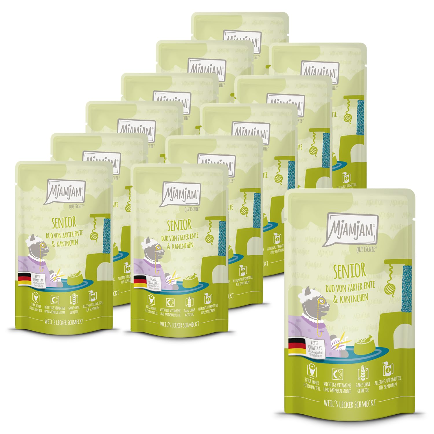 mjamjam-quetschie-senior-katzen-nassfutter-ente-kaninchen-12x125g image 1