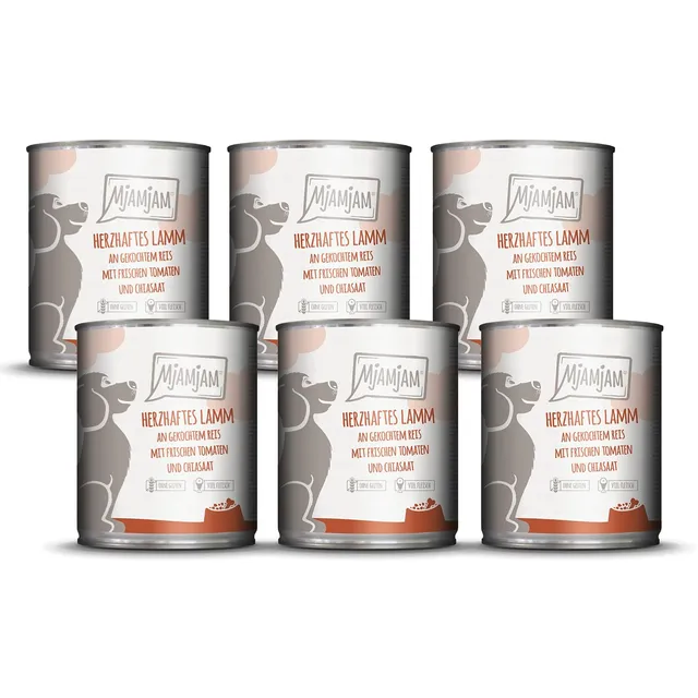 mjamjam-premium-nassfutter-f-r-hunde-herzhaftes-lamm-an-reis-mit-tomaten-6x800g image 1