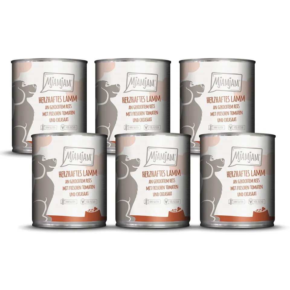 mjamjam-premium-nassfutter-f-r-hunde-herzhaftes-lamm-an-reis-mit-tomaten-6x800g image 1