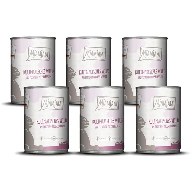 mjamjam-leckere-mahlzeiten-nassfutter-katze-wild-mit-preiselbeeren-6x400g image 1