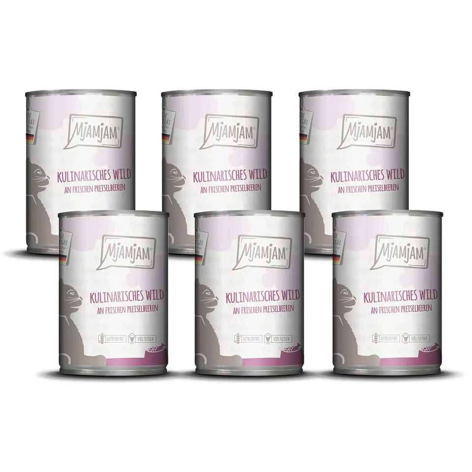 mjamjam-leckere-mahlzeiten-nassfutter-katze-wild-mit-preiselbeeren-6x400g image 1